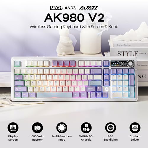 MechLands AJAZZ AK980 V2 Mechanical Gaming Keyboard with Display Screen 10000mAh Battery 98 Wireless Keyboard with BTUSBC24GHz Hot Swappable Linear Switch Knob RGB for WinMac White - Image 3