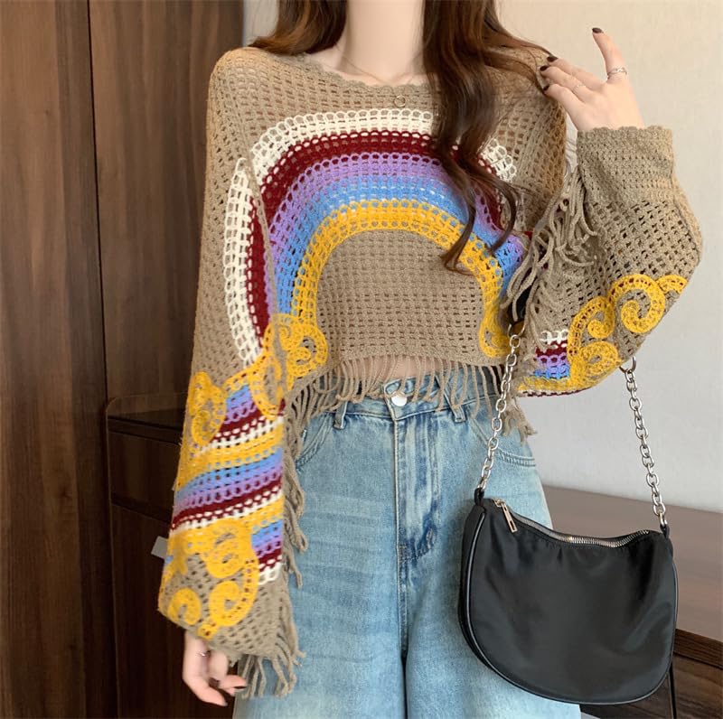 ICW Women Multicolour Hollow Out Batwing Sleeves Crochet Cape Poncho Bohemian Tassel Crop Top Dn13 (Fit to 32-38 Inch Bust) (in, Alpha, M, Regular, Pattern 2) - Image 4