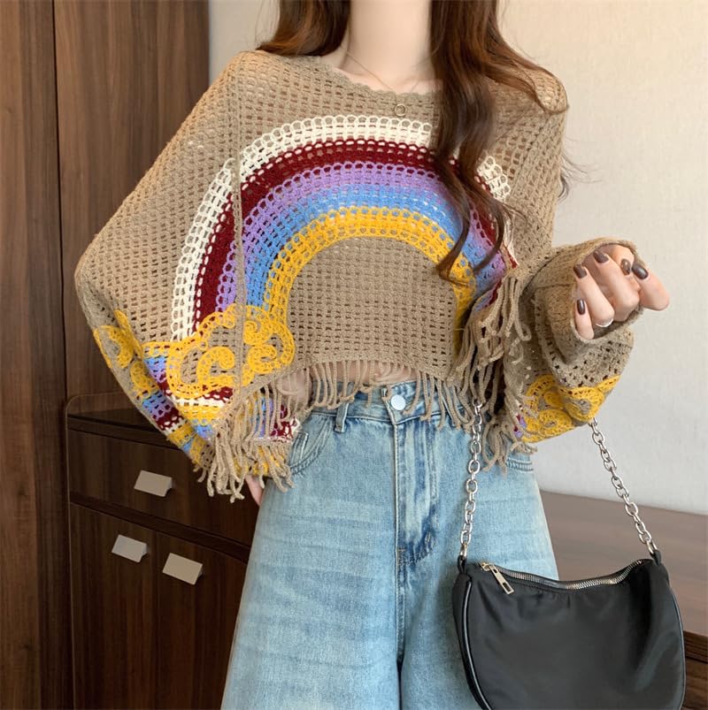 ICW Women Multicolour Hollow Out Batwing Sleeves Crochet Cape Poncho Bohemian Tassel Crop Top Dn13 (Fit to 32-38 Inch Bust) (in, Alpha, M, Regular, Pattern 2) - Image 3