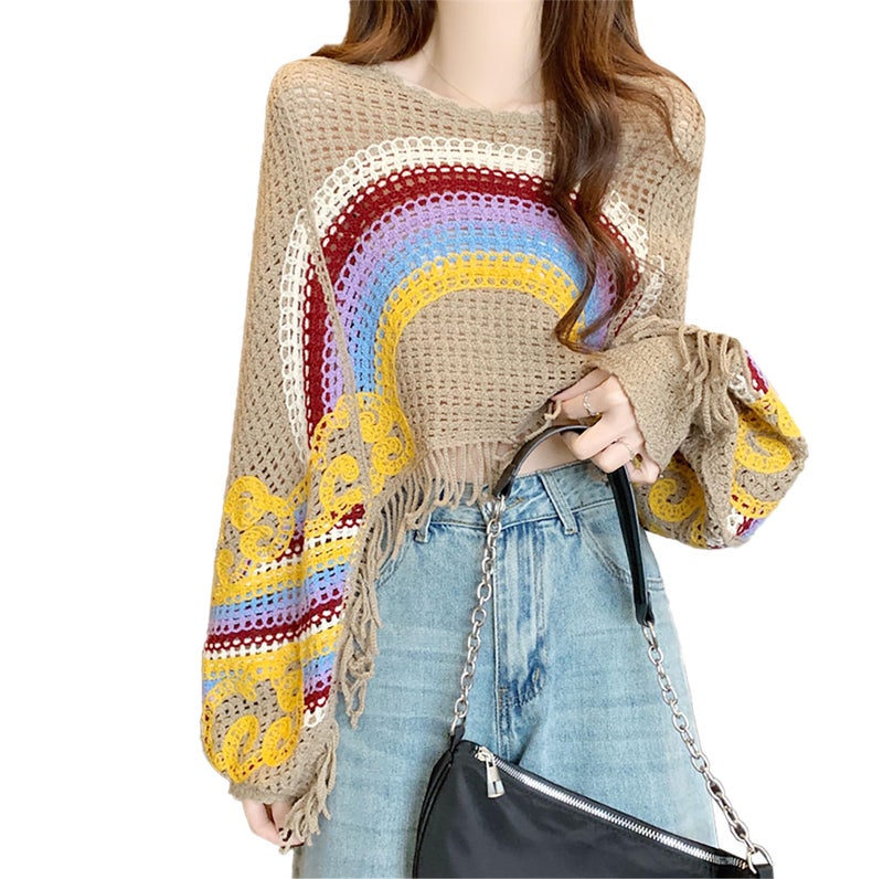 ICW Women Multicolour Hollow Out Batwing Sleeves Crochet Cape Poncho Bohemian Tassel Crop Top Dn13 (Fit to 32-38 Inch Bust) (in, Alpha, M, Regular, Pattern 2) - Image 1