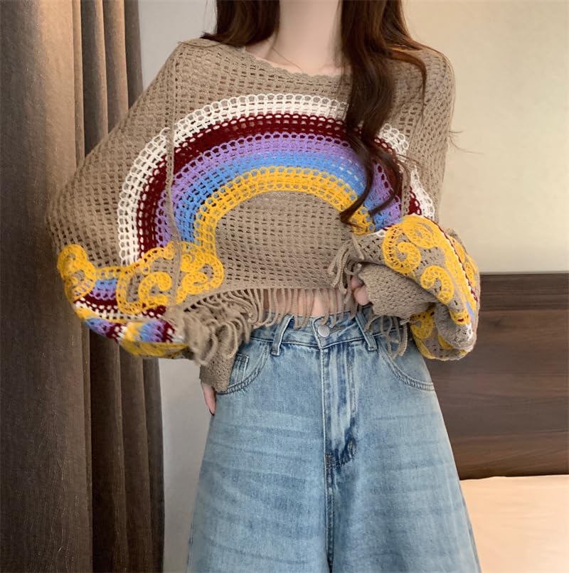 ICW Women Multicolour Hollow Out Batwing Sleeves Crochet Cape Poncho Bohemian Tassel Crop Top Dn13 (Fit to 32-38 Inch Bust) (in, Alpha, M, Regular, Pattern 2) - Image 5