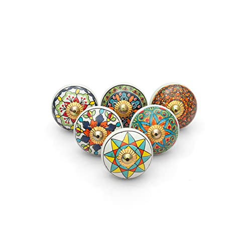 Craft Trade Knobs for Cabinets and Drawers Assorted Mandala Vintage Ceramic Colorful Kitchen Furniture Pull Handles Cabinets Cupboard for Wardrobe Home - Pack of 6 - Image 1