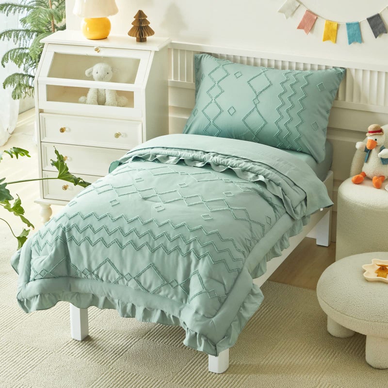 AIKASY Toddler Bedding Set 4 Pieces Super Soft Comforter Set Shabby Boho Bohemian Design for Boys and GirlsRuffle Fringe Comforter Flat Sheet Fitted Sheet and Pillowcase Green