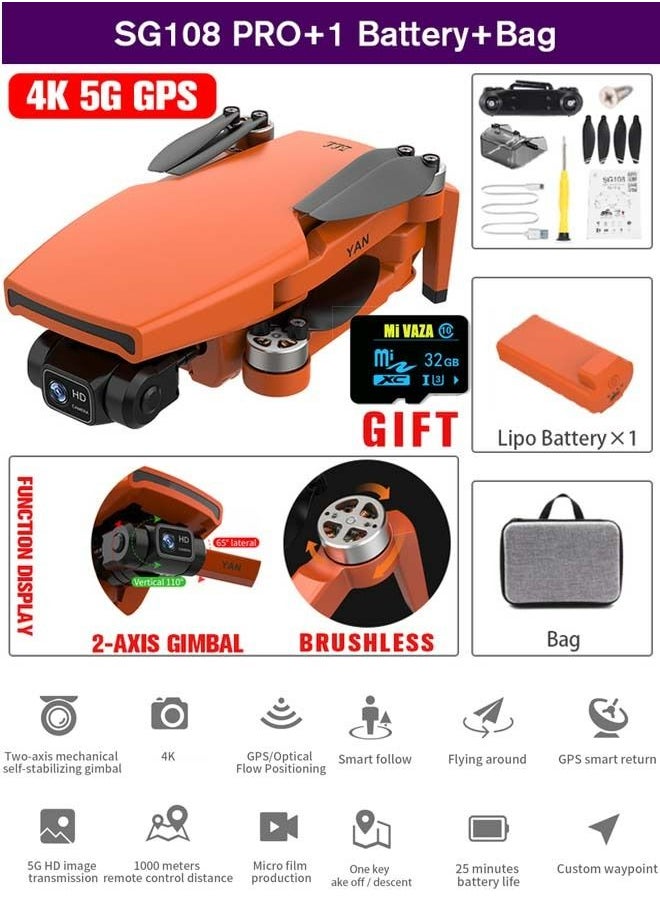 Orange SG108 PRO RC Drone 4K FPV 5G WiFi محرك بدون فرشاة 1 بطارية مع بطاقة ذاكرة 32 جيجابايت