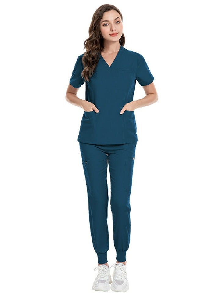 Loquat Medical Uniform Scrubs 2 Piece Set V-Neck Top and Jogger Pants Suit Azure Blue  - Image 3