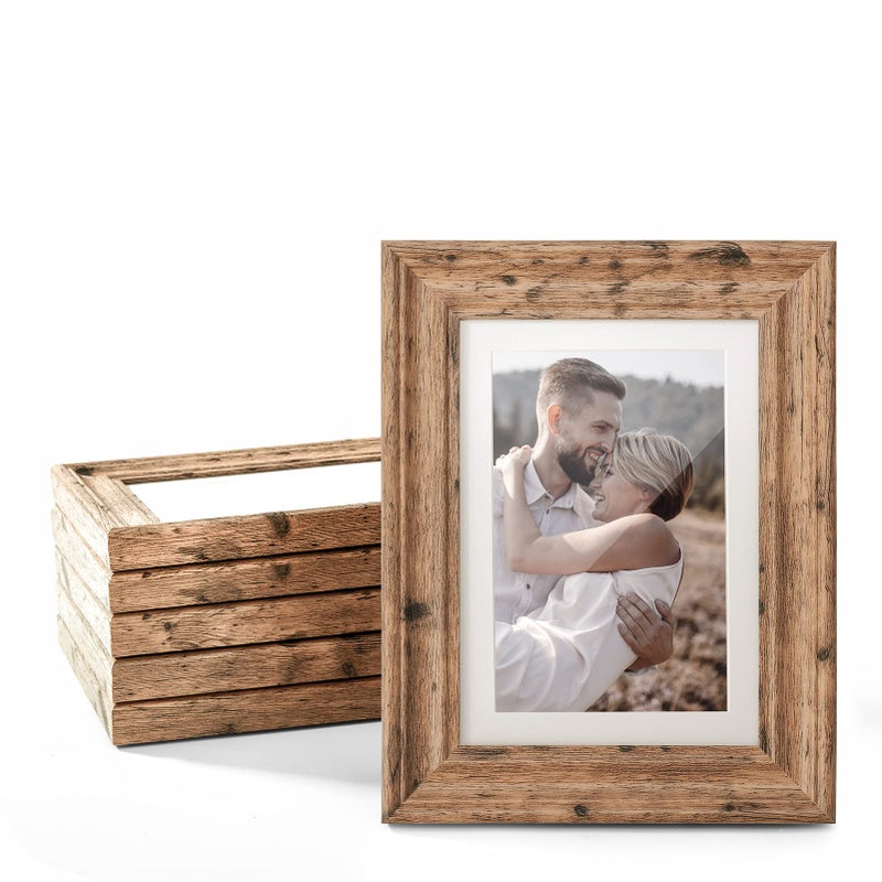TWING 5x7 Picture Frames Set of 6 Rustic Picture Frame 4x6 with Mat or 5X7 Without Mat Tabletop Display Wall Mounting Collage Photo Frames Brown Walnut Wood Pattern