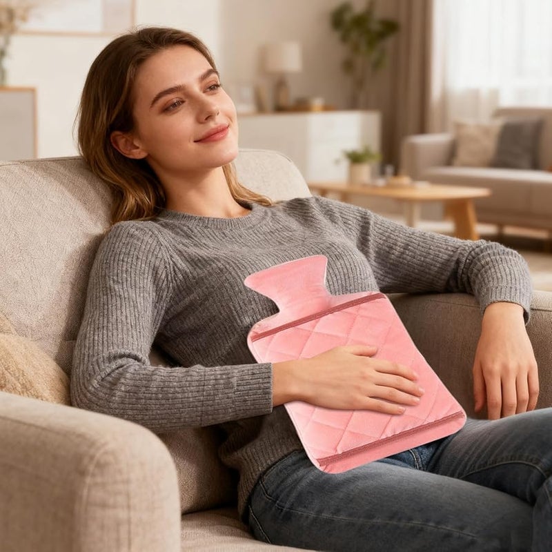 Pink Hot Water Bottle 2000ml Leak Proof with Cover for Winter Bedroom Camping - Image 3