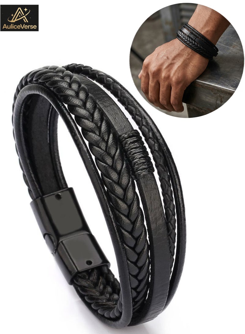 AuliceVerse Mens Leather Bracelet with Clasp Cowhide Multi-Layer Braided - Image 1