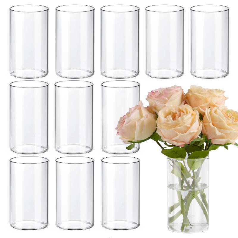 TBWIND 12pcs Glass Cylinder Vases for Centerpieces 6 Inch Clear Flower Vases for Wedding Decorations and Indoor Home Decor Hurricane Candle Holder for Table Shelf Party