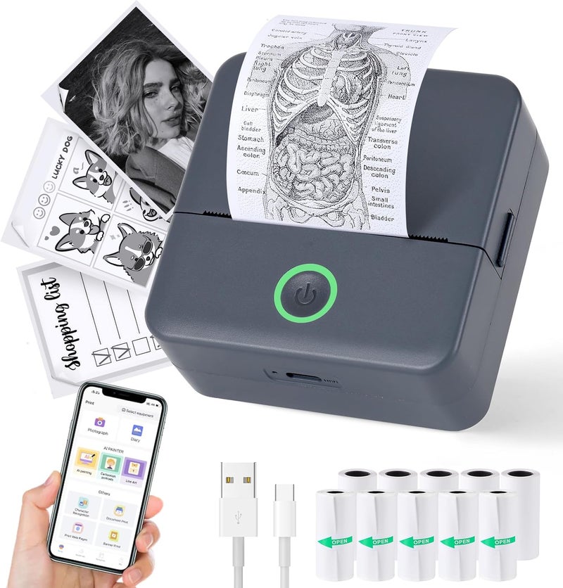 cudinham Print Pods Mini Printer, Thermal Inkless Sticker Maker with 10 Rolls Printing Paper (Grey) - Image 1