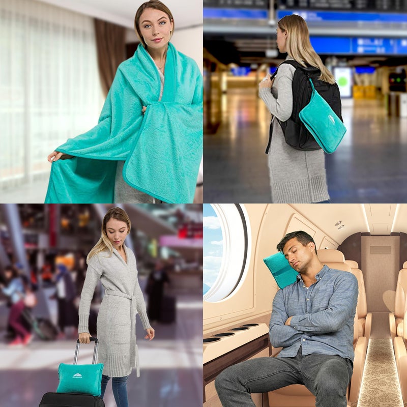 BlueHills بطانية سفر فاخرة من بلو هيلز مع وسادة، بطانية طائرة، محمولة في حقيبة ناعمة مع حزام أمتعة يد ومشبك حقيبة ظهر، حزمة مدمجة كبيرة دافئة لأي سفر (أخضر مزرق T006) - Image 3