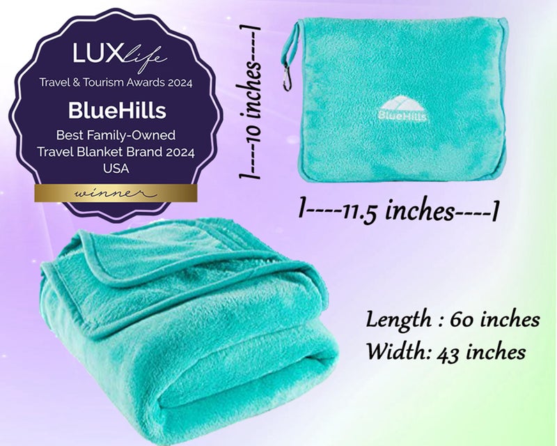 BlueHills بطانية سفر فاخرة من بلو هيلز مع وسادة، بطانية طائرة، محمولة في حقيبة ناعمة مع حزام أمتعة يد ومشبك حقيبة ظهر، حزمة مدمجة كبيرة دافئة لأي سفر (أخضر مزرق T006) - Image 4