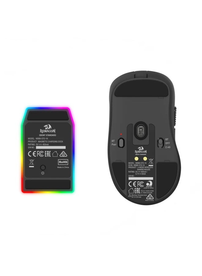 ريدراجون ماوس الألعاب اللاسلكي EBONY M998 STD، اتصال ثلاثي الأوضاع مع قاعدة شحن مغناطيسية بإضاءة RGB، تصميم خفيف للغاية بوزن 61 غرامًا، مستشعر PixArt 3311، دقة تصل إلى 24000 نقطة في البوصة، معدل استجابة 1000 هرتز، 5 أزرار قابلة للبرمجة لألعاب الكمبيوتر - أسود - Image 4