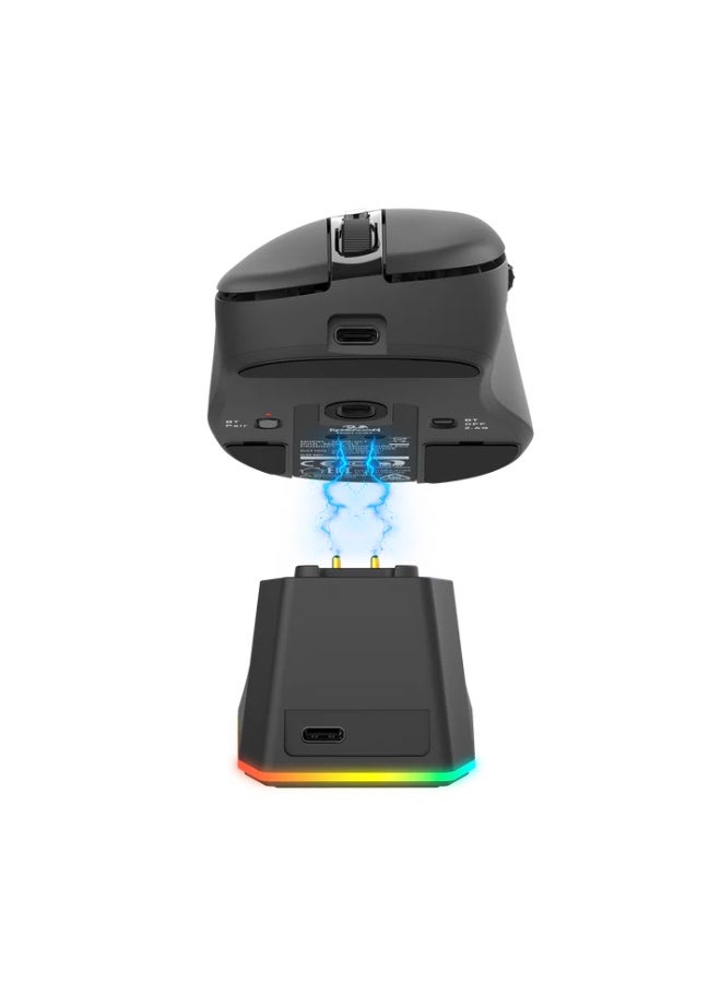 ريدراجون ماوس الألعاب اللاسلكي EBONY M998 STD، اتصال ثلاثي الأوضاع مع قاعدة شحن مغناطيسية بإضاءة RGB، تصميم خفيف للغاية بوزن 61 غرامًا، مستشعر PixArt 3311، دقة تصل إلى 24000 نقطة في البوصة، معدل استجابة 1000 هرتز، 5 أزرار قابلة للبرمجة لألعاب الكمبيوتر - أسود - Image 2