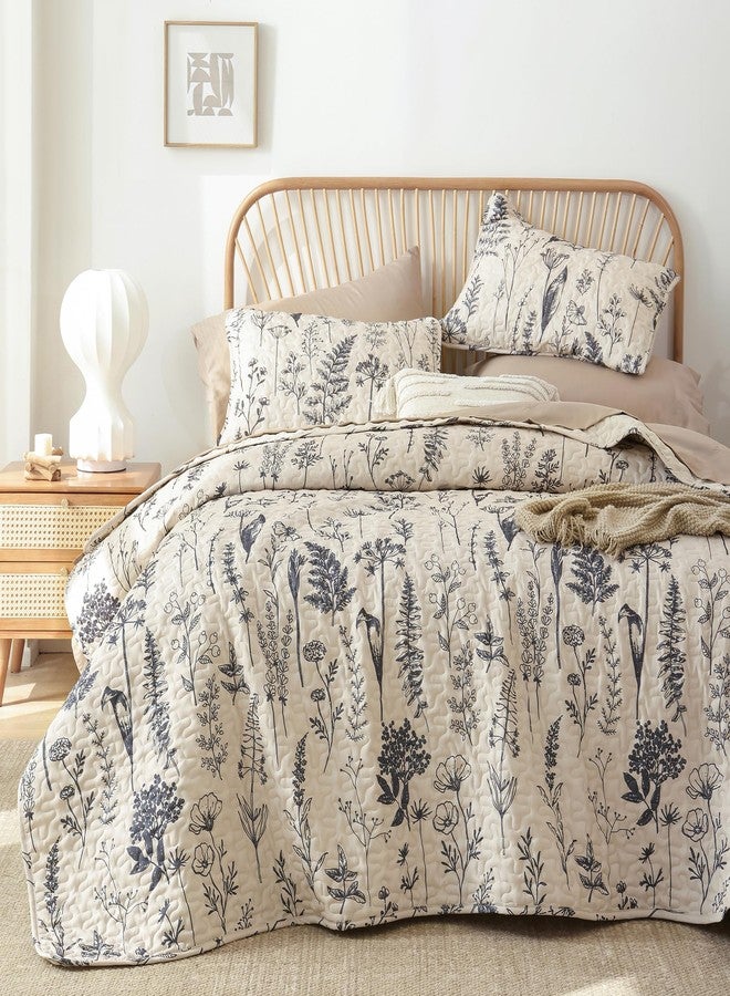 JANZAA Quilts Queen Size Beige Quilt Botanical with Floral Pattern Microfiber Bedspreads Queen Size 3 Pieces Lightweight Comforter Reversible Bedding Set, 1 Quilt 90x90 inches, 2 Pillowcases - Image 5