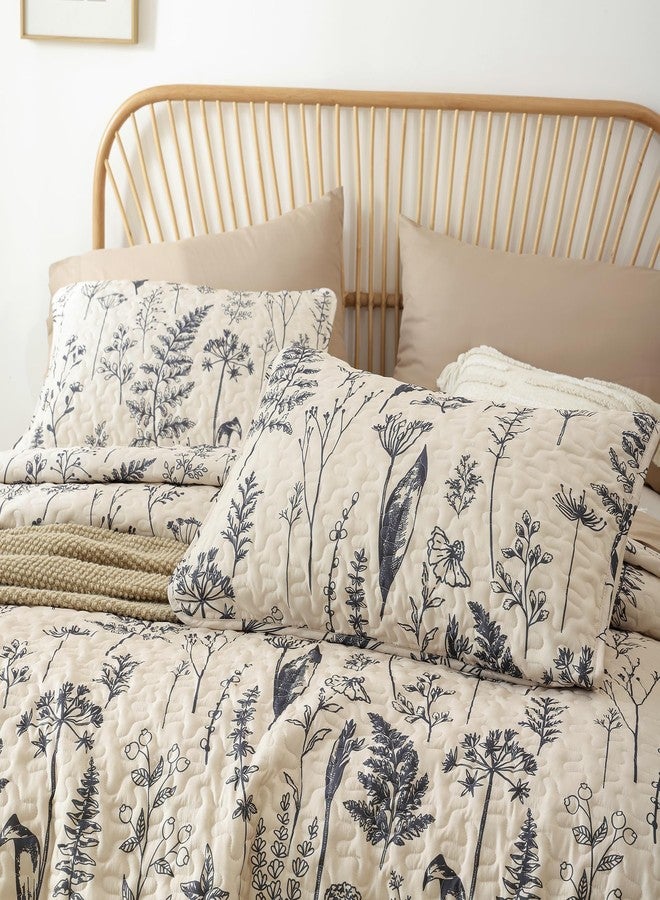 JANZAA Quilts Queen Size Beige Quilt Botanical with Floral Pattern Microfiber Bedspreads Queen Size 3 Pieces Lightweight Comforter Reversible Bedding Set, 1 Quilt 90x90 inches, 2 Pillowcases - Image 3