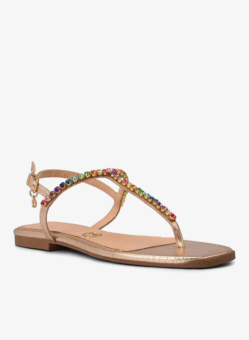 Carmen Steffens Golden Flat Sandal with Crystals