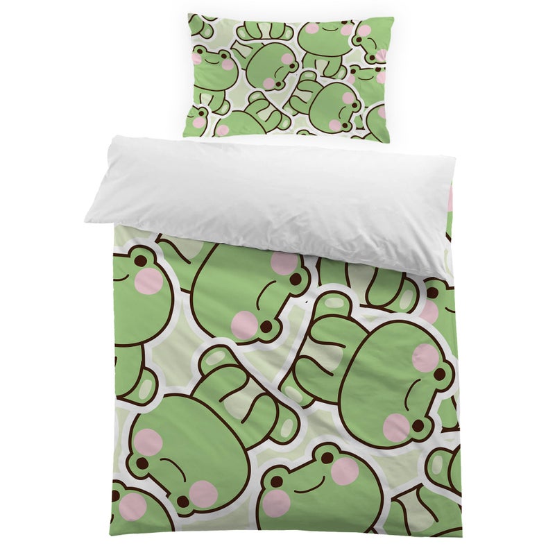 MUSOLEI Cartoon Frog Duvet Cover Set Cute Animal Single Bedding Set for Boys Girls Teens Microfiber Zipper Quilt Cover 135 x 200 cm with 1 Pillowcase 50 x 75 cm