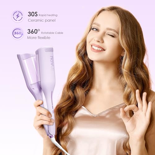 NOVUS مكواة تجعيد الشعر NOVUS - 1.4 بوصة أداة تجعيد الشعر بموجات مضادة للحروق، أداة تجعيد الشعر الأيونية العميقة مع أسطوانة سيراميك مزدوجة لجميع أنواع الشعر، حماية من الإيقاف التلقائي - Image 5