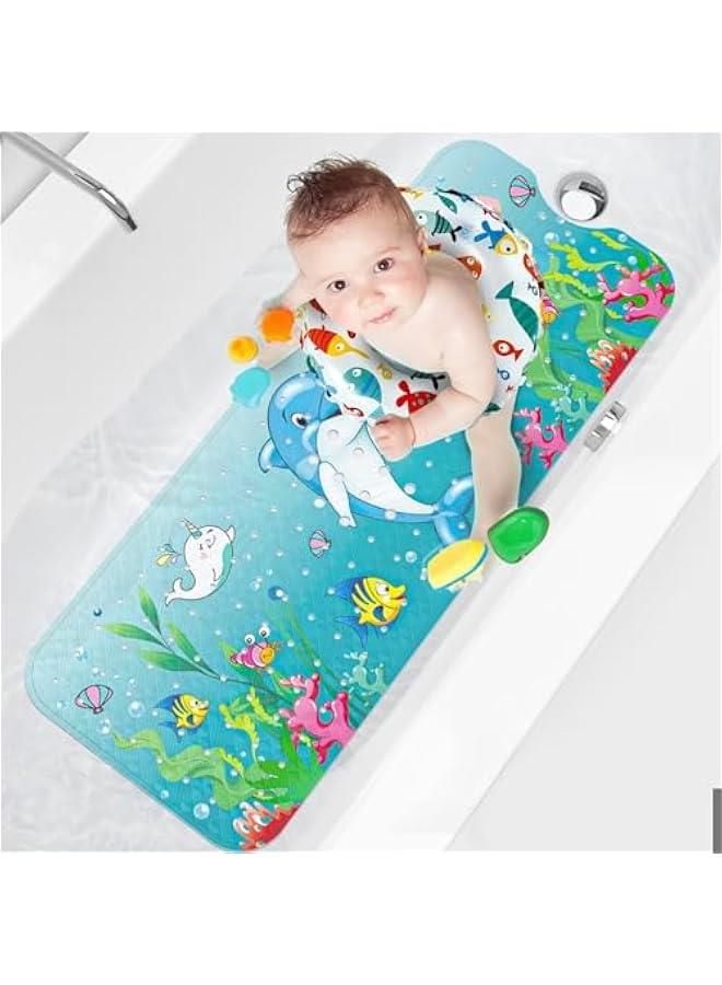 HOOKOR Baby Bath Mat for Tub for Kids, 40 X 16 Inch Kids Bathtub Mat Non Slip, Cartoon Patterned Bath Tub Shower Mat Anti Slip with Suction Cups & Drain Holes (Dolphin) - Image 1