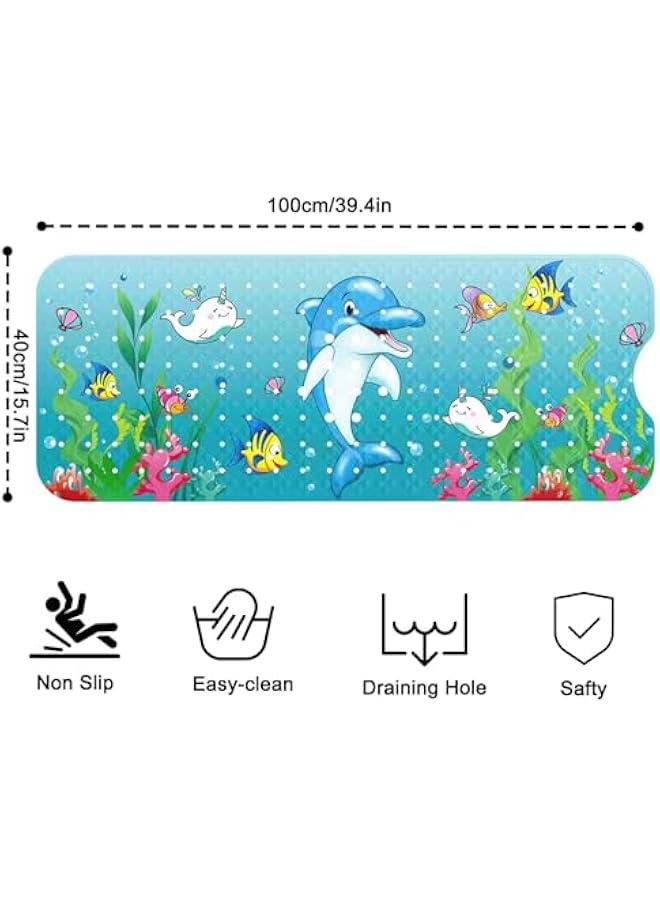 HOOKOR Baby Bath Mat for Tub for Kids, 40 X 16 Inch Kids Bathtub Mat Non Slip, Cartoon Patterned Bath Tub Shower Mat Anti Slip with Suction Cups & Drain Holes (Dolphin) - Image 2