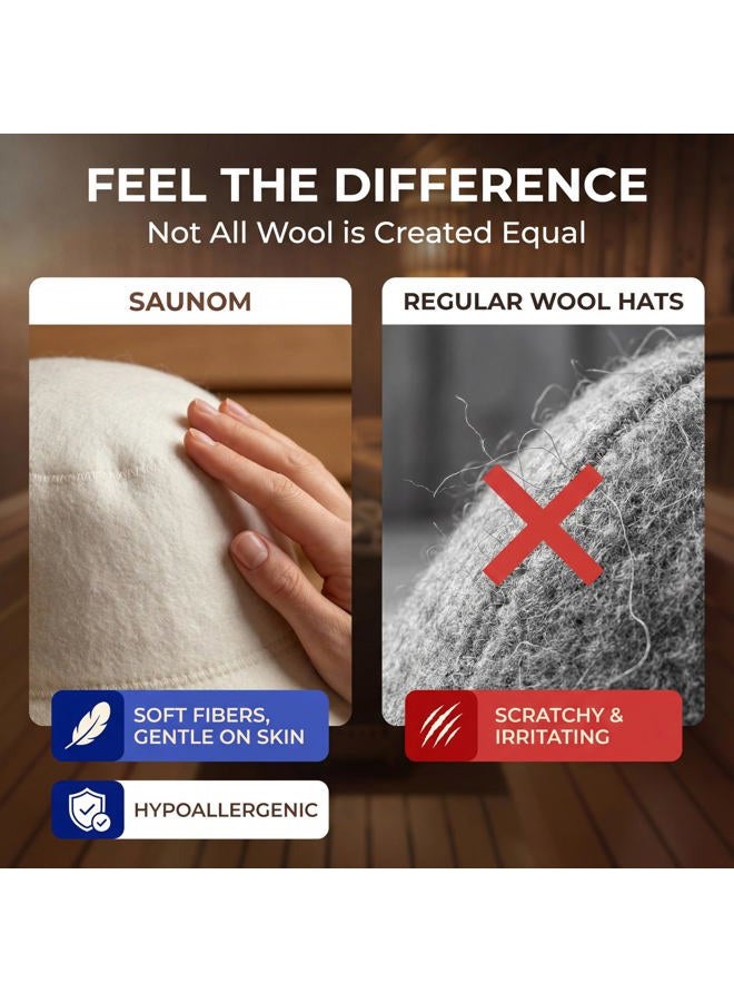 SAUNOM Wool Sauna Hat for Men and Women — 100% Natural Wool — Breathable, Itch-Free and Odor Resistant Sauna Cap — Ideal Banya Hat for Men White, White - Image 3