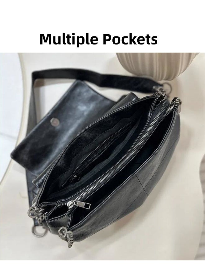Women's Rock Style Black Shoulder Bag, Ladies PU Leather Crossbody Bag Sling Bag Side Bag Carry Bag, Daily Commuter/Banquet/Party/Campus Large Capacity Satchel Bag Tourist Bag for Girls/Students - Image 2