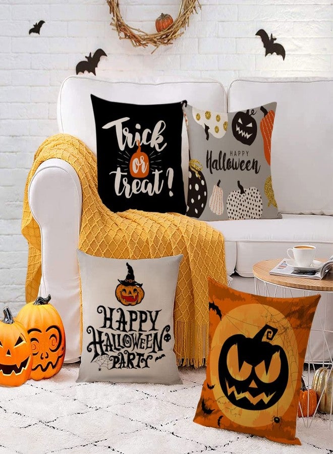 YeeJu Set of 4 Halloween Pillow Covers 18x18 Inch Trick or Treat Pumpkin Decor Throw Pillow Covers Black Halloween Cushion Covers Linen Square Pillow Cases for Home Outdoor Sofa Couch (18 by 18) - Image 4