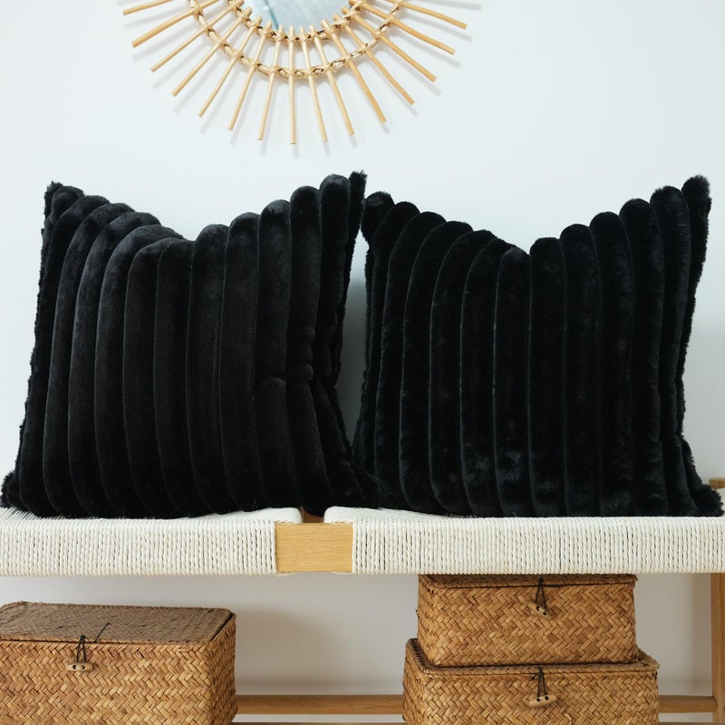 JOJUSIS Pack of 2 Faux Fur Plush Decorative Throw Pillow Covers Couch Cushion Case Soft Pillowcases Black 18 x 18Inch
