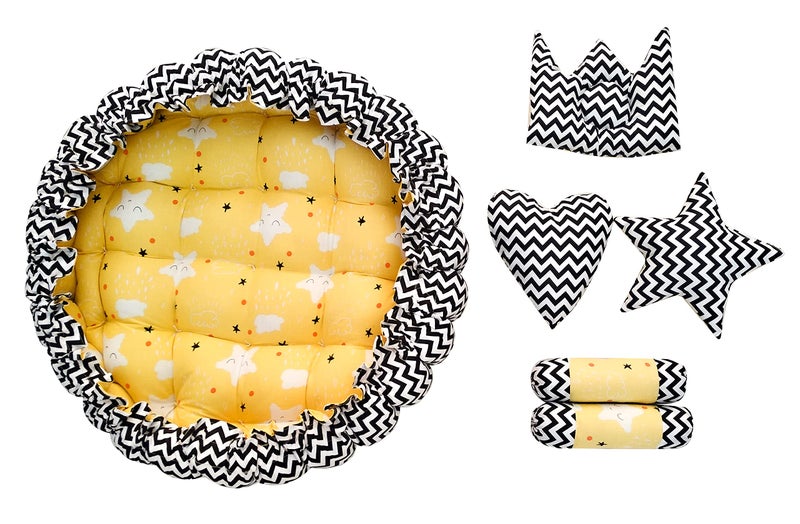 LOREM Yellow 5 Pillows & Round Shape Cotton Baby Bed for 0-1 Year BB04 - Image 5