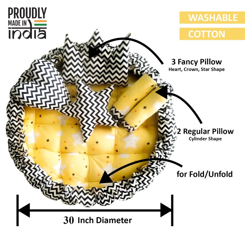 LOREM Yellow 5 Pillows & Round Shape Cotton Baby Bed for 0-1 Year BB04 - Image 3