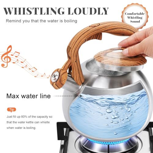 GGC Tea Kettle for Stove Top, 3.1QT/3L Whistling Tea Kettles for Boiling Water Coffee or Milk, Stainless Steel kettle Pot with Wood Parttern Handle for Home and Kitchen - Image 4