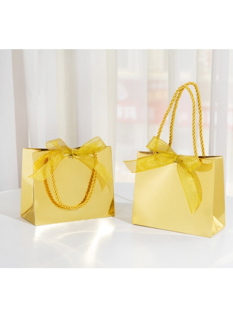 عبوة من 10 أكياس هدايا صغيرة للشكر، أكياس ورقية صغيرة مزينة بشريط، أكياس تغليف هدايا للشكر، مناسبة لأعياد الميلاد وحفلات استقبال المولود وحفلات الزفاف، لون ذهبي، المقاس: 14 × 6 × 16 سم