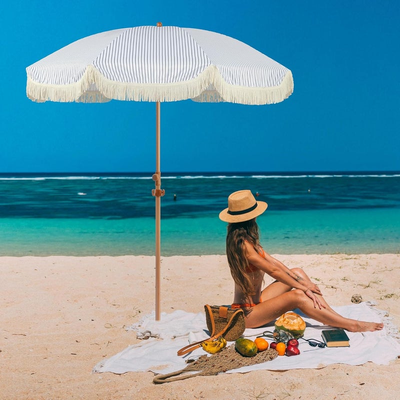 Seazul Patio Umbrella with Fringe, Beach Umbrella, Fringe Umbrella Outdoor Patio with Hanging Hook, Tilting Aluminum Pole, UV 50+, Fiberglass Ribs - Image 3