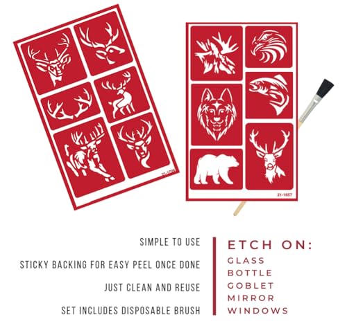 Trendzeen 2 Reusable Glass Etching Stencils - Wildlife, Moose, Bear, Wolf, Deer, Antler Etch Themed Stencil - Wild Animal, Deers Theme Design - Set Includes Brush - Image 2