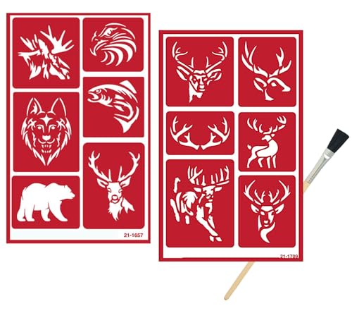 Trendzeen 2 Reusable Glass Etching Stencils - Wildlife, Moose, Bear, Wolf, Deer, Antler Etch Themed Stencil - Wild Animal, Deers Theme Design - Set Includes Brush - Image 1