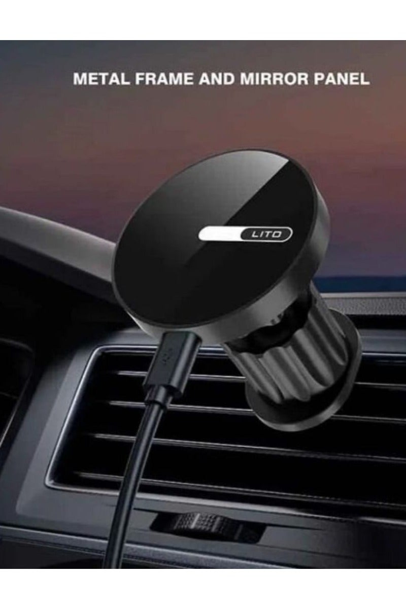 Lito Car Phone Holder with Magnetic Wireless Charging LT-W04 Description: Enjoy a safe and convenient charging experience with LITO's 15W Magnetic Wireless Phone Holder! Designed specifically for your car, this holder provides 15W fast charging with standard wireless charging technology, with an adjustable angle for optimal viewing. It's made of high-quality materials with a smart cooling panel to maintain optimal performance. Ideal for tech enthusiasts and safe driving. - Image 2