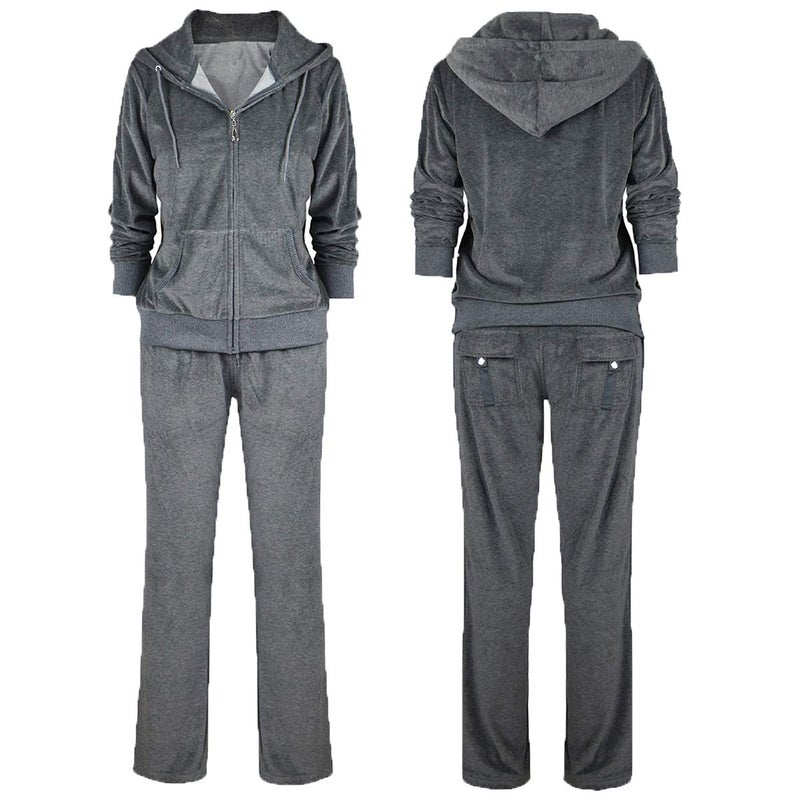 Facitisu Women's 2 Piece Outfits Velvet Zip Hoodie Sweatshirt & Sweatpants Sweatsuits and Velour Tracksuit Sets Jogging Suit Large Dk.Grey - Image 4