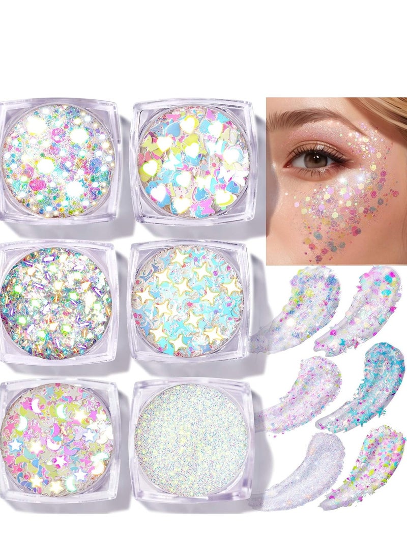Teenitor Teenitor Face Glitter Body Glitter, Clear White Body Glitter Gel, Hair Glitter Gel, 6 Shapes Rave Glitter, Mermaid Sequins Makeup Glitters Face Paint, Chunky Sparkling Glitter Gel for Women  - Image 1