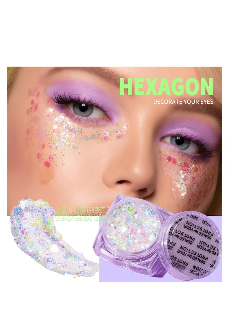 Teenitor Teenitor Face Glitter Body Glitter, Clear White Body Glitter Gel, Hair Glitter Gel, 6 Shapes Rave Glitter, Mermaid Sequins Makeup Glitters Face Paint, Chunky Sparkling Glitter Gel for Women  - Image 4