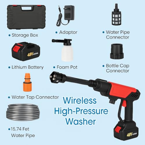 Qlect (Double Battery) Cordless Portable Wireless Pressure Washer Gun 48V 15000mAh High Pressure Water Gun for Car Wash and Bike Cleaning with Adjustable Nozzle and 5M Hose Pipe - Image 2