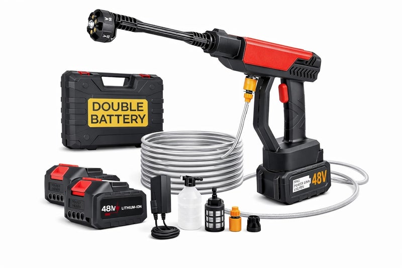 Qlect (Double Battery) Cordless Portable Wireless Pressure Washer Gun 48V 15000mAh High Pressure Water Gun for Car Wash and Bike Cleaning with Adjustable Nozzle and 5M Hose Pipe - Image 1