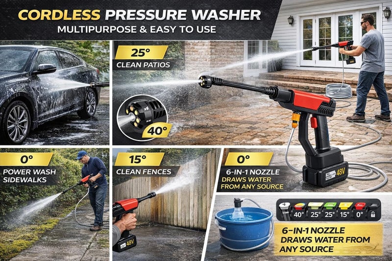 Qlect (Double Battery) Cordless Portable Wireless Pressure Washer Gun 48V 15000mAh High Pressure Water Gun for Car Wash and Bike Cleaning with Adjustable Nozzle and 5M Hose Pipe - Image 3