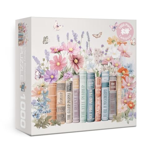 Larkipuzz Colorful Books Wildflower Pages Puzzles for Adults 1000 Pieces Beautiful Literary Blossoms Flower Bookshelf Jigsaw Puzzles Art Vintage Butterfly Floral Plant Painting Puzzle - Image 1