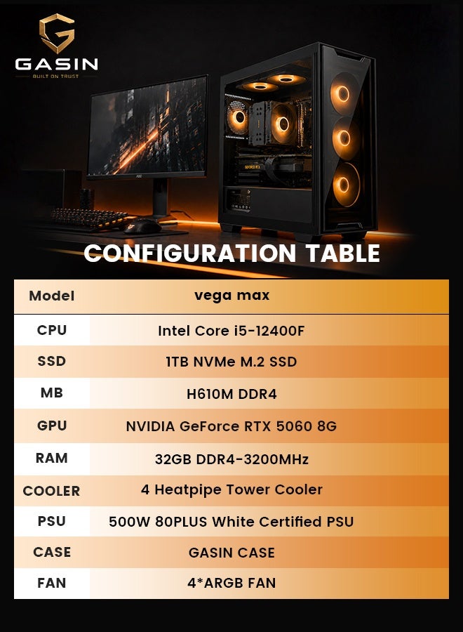 GASIN Vega Pro Max Gaming PC, Intel Core i5-12400F, NVIDIA GeForce RTX 5060 8GB, 32GB DDR4 RAM, 1TB NVMe M.2 SSD, Wi-Fi & Bluetooth, 4 ARGB Fans, Windows 11 Pro black - Image 3