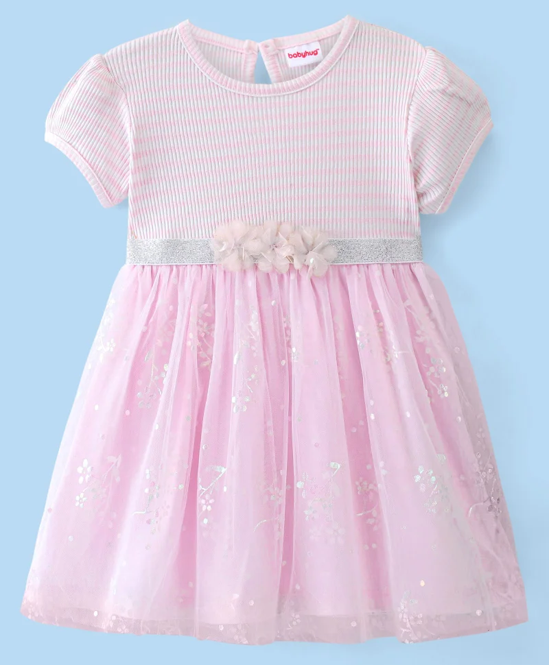 babyhug Babyhug Cotton Knit Half Sleeves Frock With Floral Applique Print - Pink