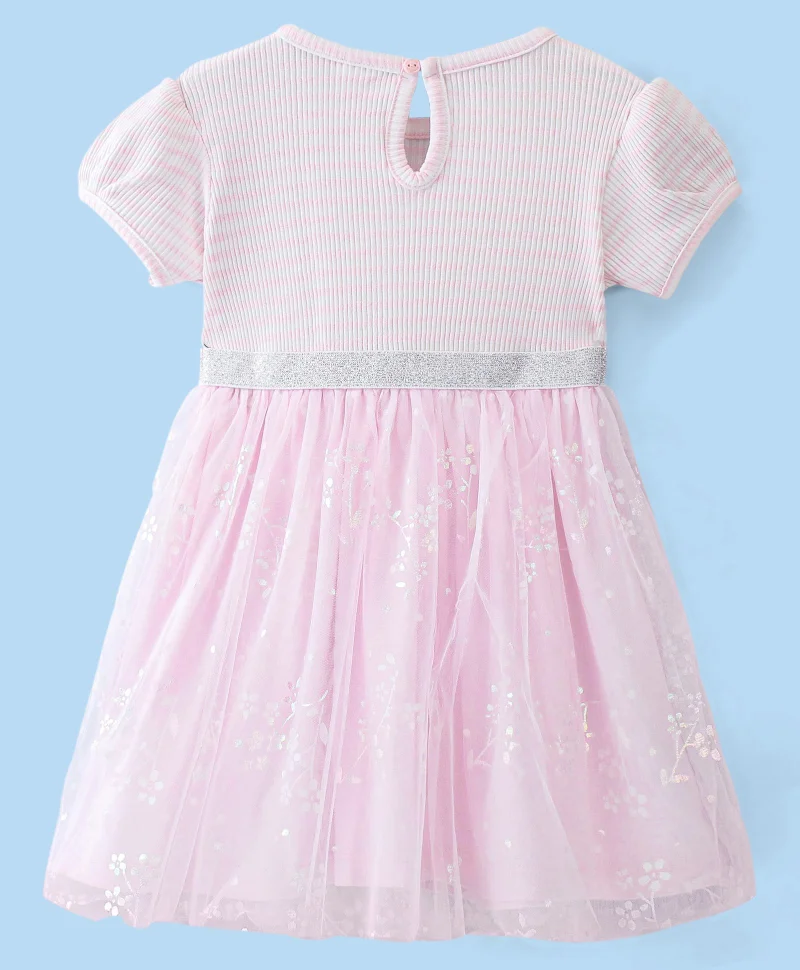 babyhug Babyhug Cotton Knit Half Sleeves Frock With Floral Applique Print - Pink