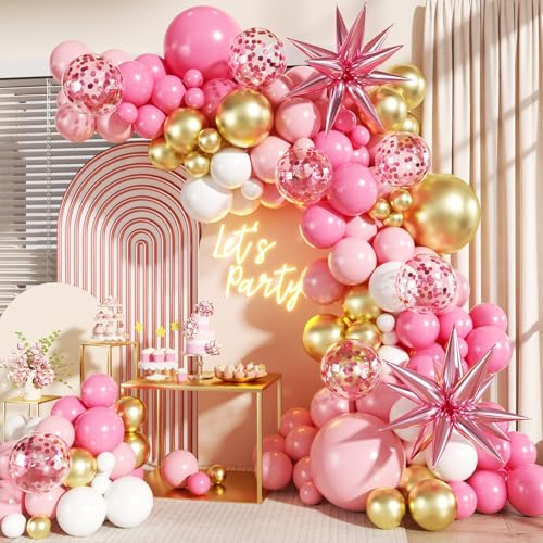 LANGASQUE Pink White Gold Balloon Garland Arch Kit 140Pcs Hot Pastel Pink Gold White Confetti Balloons With Stars for Birthday Wedding Birdal Shower Gender Reveal Graduation Party Decorations - Image 1