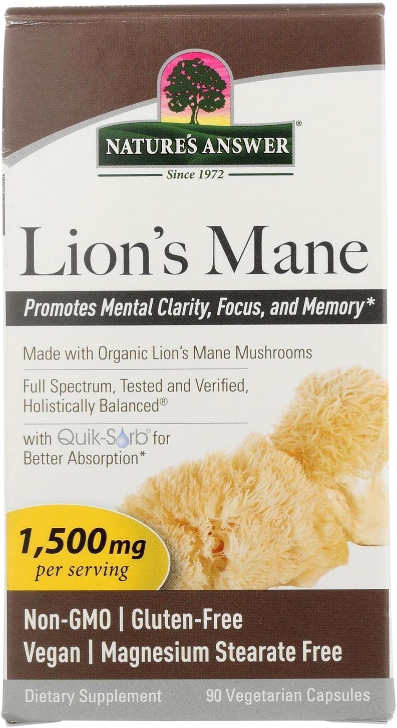Nature's Answer Lion's Mane Mushroom Powder 1500 mg, 90 Capsules - Brain Supplement for Focus, Memory, and Mental Clarity
