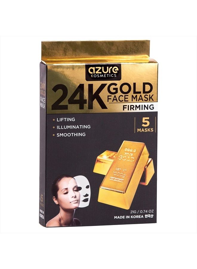 Azure Cosmetics AZURE 24K Gold Firming Face Mask- Anti Aging, Hydrating, Toning & Firming Facial Mask - Helps Reduce Wrinkles & Fine Lines - With Hyaluronic Acid & Collagen - Skin Care Made in Korea - 5 Pack - Image 1